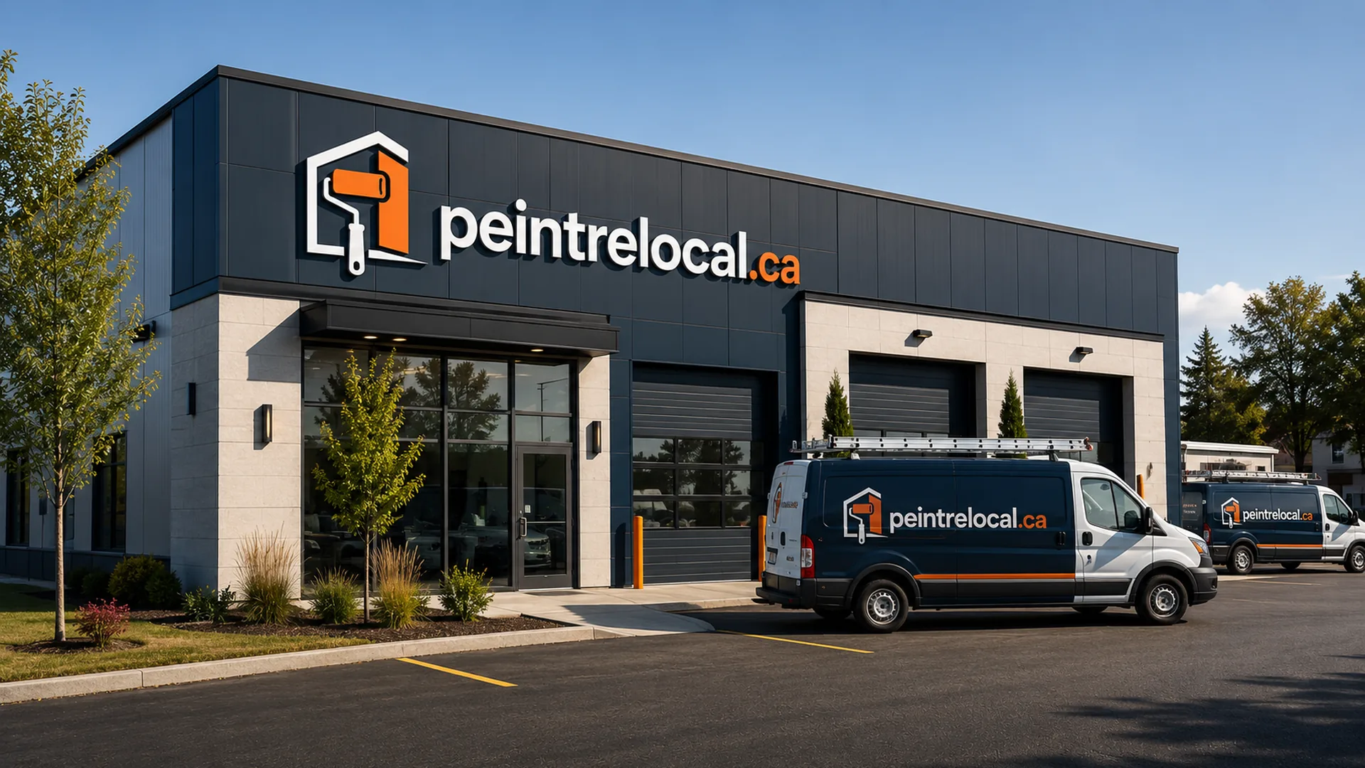 Camions de peintres devant un bâtiment