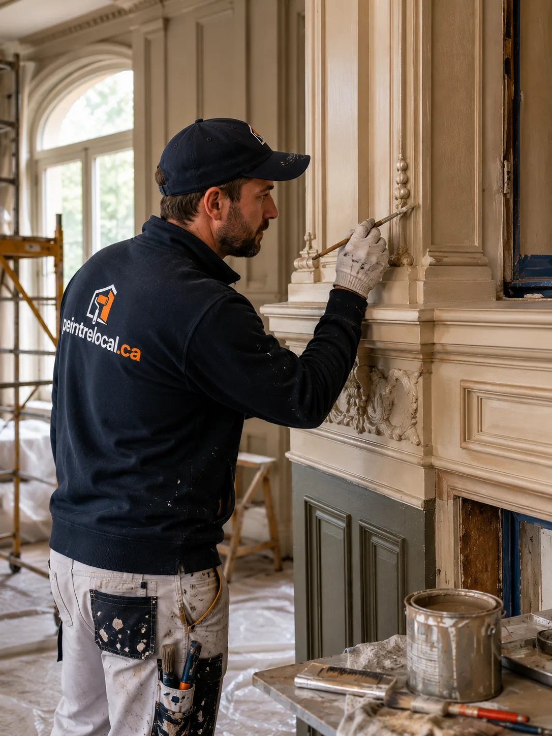 Peintre travaillant au pinceau sur des moulures anciennes