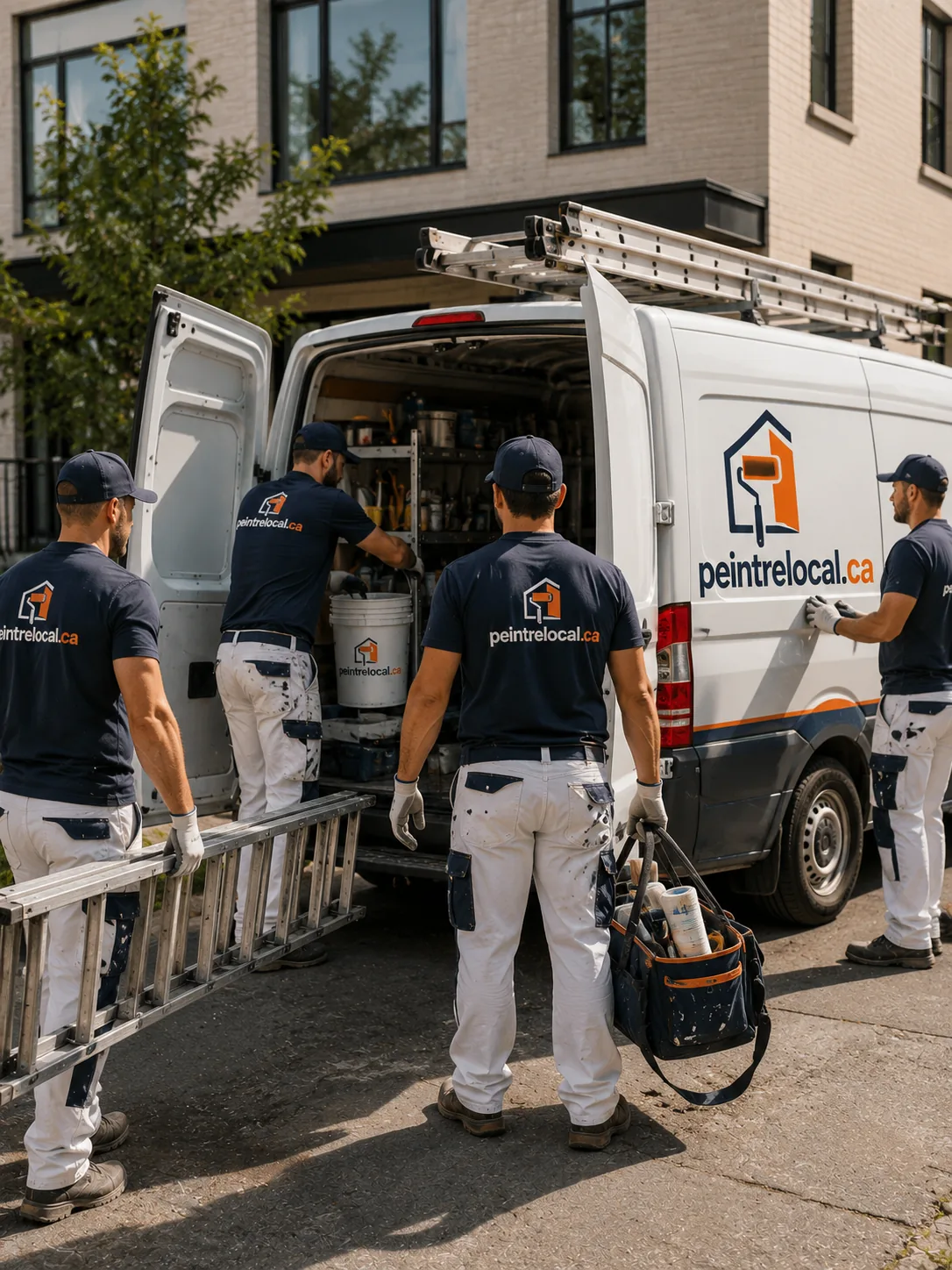 Équipe de peintres chargeant le matériel dans un camion